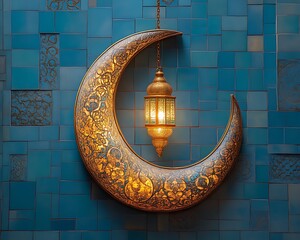 Ornate crescent moon with lantern.