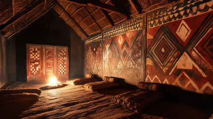 A ceremonial hut with intricate painted patterns on the walls, glowing faintly in the firelight