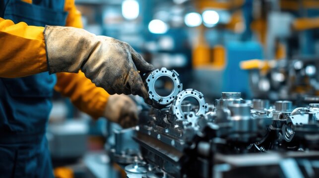 A detailed shot of workers in a manufacturing facility skillfully handling parts with care reflecting reduced travel times for materials due to local sourcing.