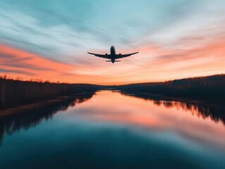 A serene view of an airplane flying above a river reflecting the sunset s warm colors