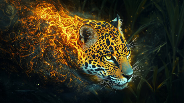 A mystical jaguar emerging from an ayahuasca vision, with its fur patterned in glowing tribal designs