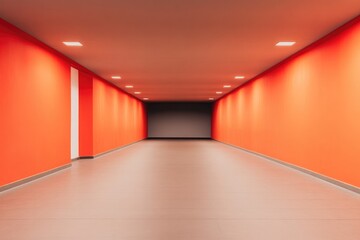 Bright orange walls create vibrant, modern corridor leading to d