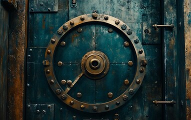 Fototapeta premium A close-up shot of an old, rusty, metal door with a large, round, metal handle.