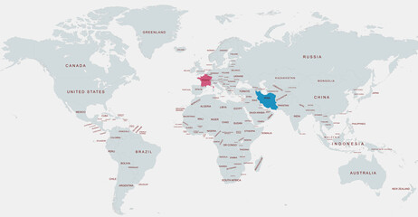 World Map Highlighting france and Iran with Detailed Country Labels