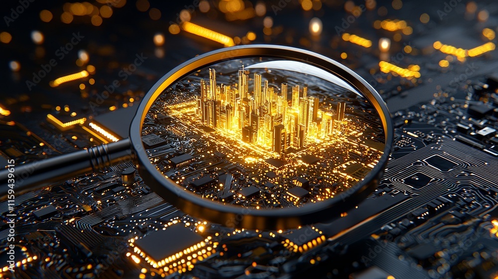 Aufkleber On top of a computer motherboard is a magnifying glass on an electronic circuit board. The background is blue with bokeh