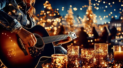 Obraz premium A woman playing an acoustic guitar at a country bar or a nightclub