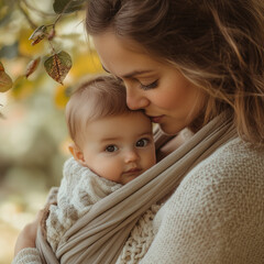 Mother tenderly holding her baby close in a cozy outdoor setting with autumn foliage