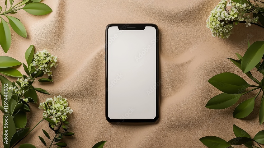 Aufkleber top view of a mockup of a smartphone with a blank screen and green leaves on a pink background