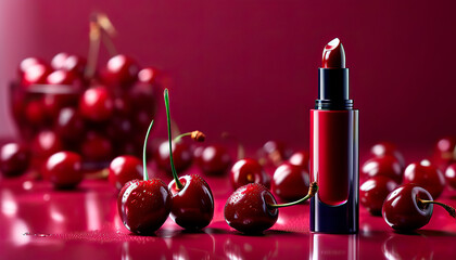 Horizontal dark red lipstick with cherries around on passion red background.