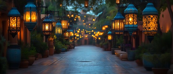 Illuminated pathway with ornate lanterns at dusk. (2)