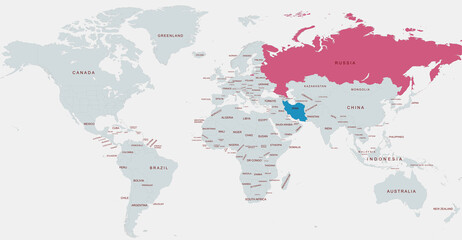 World Map Highlighting russia and Iran with Detailed Country Labels