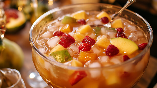 Artistic shot of kompot with rich colors and sliced fruits, clean and minimalist background, refreshing feel 