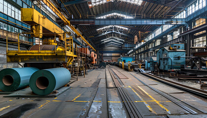 Fototapeta premium Roll of galvanized steel sheets in metalworking factory