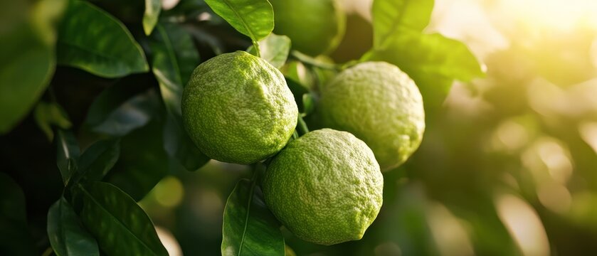Three kaffir limes on a branch with green leaves, bathed in sunlight.