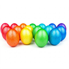 colorful easter eggs arranged in a rainbow order on a white background