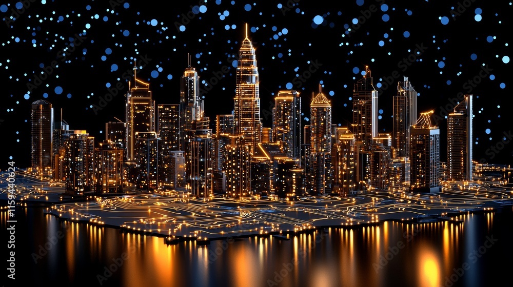 Aufkleber conceptual image depicting a futuristic cityscape with glowing neon lights and illuminated circuit b