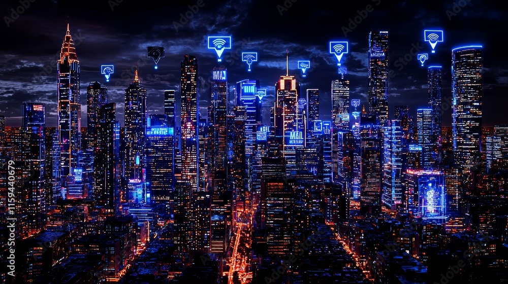 Poster Satellite navigation system concept with a location on map and pin over a blue tone cityscape.
