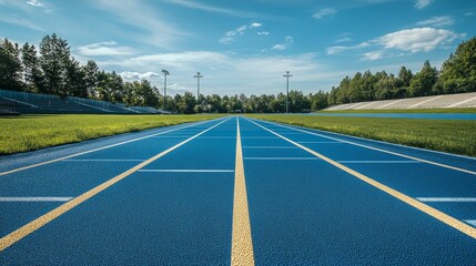 Fototapeta premium A blue athletic track stretches into the distance under a clear sky, surrounded by greenery.