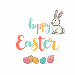 happy easter greeting card with watercolor bunny and easter eggs in pink yellow blue and teal colors