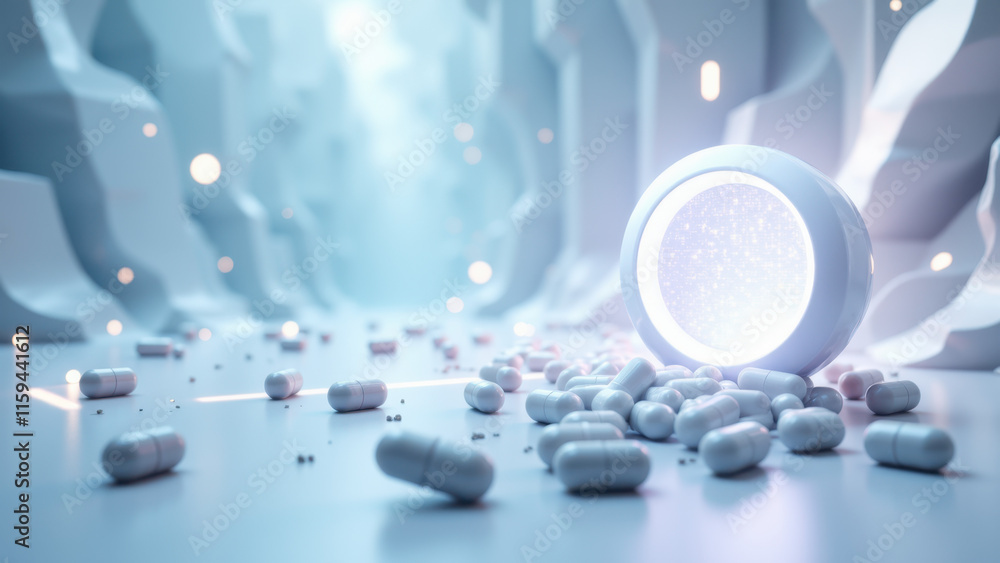 Poster a futuristic scene with a glowing orb floating above scattered magnesium supplements on an icy surfa