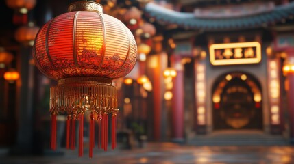 Obraz premium Red Lantern Hanging Near Asian Temple Entrance