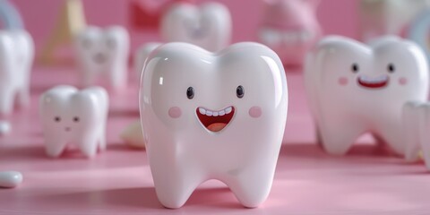 Set of colorful toy teeth with cartoon faces on each. Ideal for teaching kids about oral hygiene.