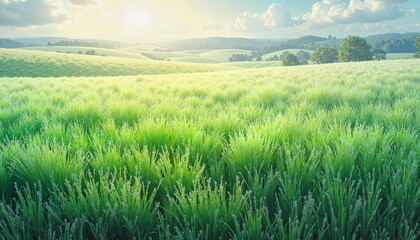 Fototapeta premium Lush green grass field at sunrise with rolling hills