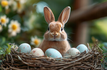 Easter bunny in a nest with Easter eggs in the courtyard of a rustic house.