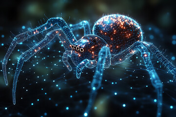 Glowing wireframe a spider on a transparent background, highlighted by a combination of blue and black data points


