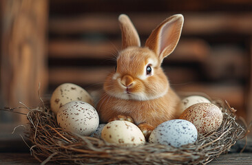 Easter bunny in a nest with Easter eggs in the courtyard of a rustic house.