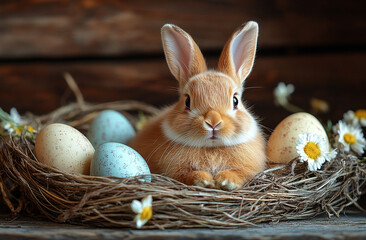 Easter bunny in a nest with Easter eggs in the courtyard of a rustic house.
