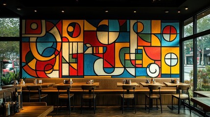 Colorful abstract mural in modern restaurant interior with wooden tables and chairs.