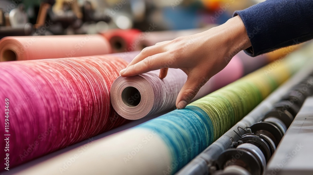 Poster hands adjusting settings on machinery with a backdrop of large rolls of locallysourced fabric in sof