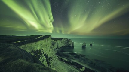 Obraz premium The breathtaking view of the aurora borealis lighting up the night sky against a backdrop of rocky coastline and ocean waves.