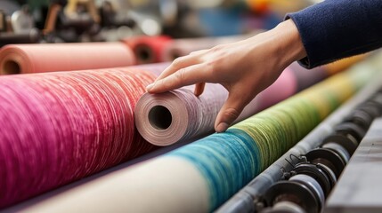 Hands adjusting settings on machinery with a backdrop of large rolls of locallysourced fabric in soft hues indicating a commitment to sustainable sourcing.