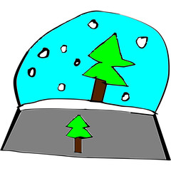 A glass ball, a child's drawing of a glass ball with a Christmas tree and snow