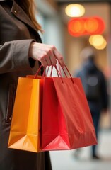 A woman dressed in a brown coat carries three shopping bags in her hands