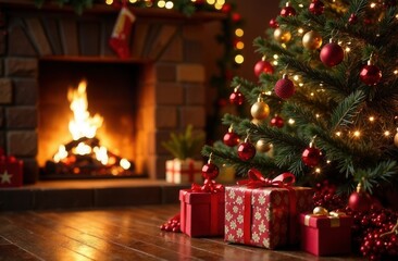 A Christmas tree with presents under it by a fireplace