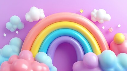 Playful and vibrant balloons in various shades of pink, blue, yellow, and purple, forming a rainbow arch over the sky.