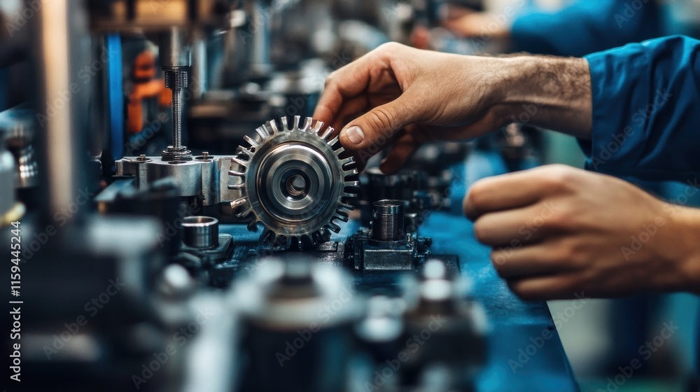 Poster a highresolution image of hands assembling parts on a production line showcasing skilled workers foc