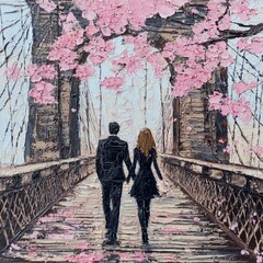 Couple Strolling Under Cherry Blossoms Bridge