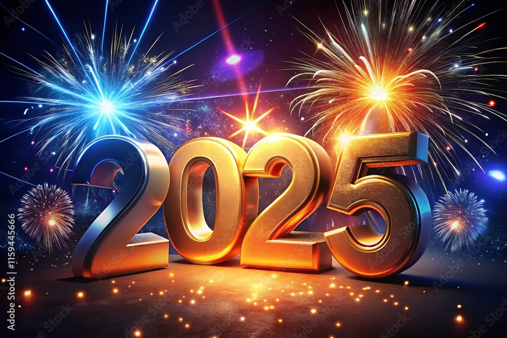 Fototapete 2025 3d with firework text effect new year's lights gold and dark red colors bake background with gl