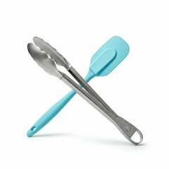 Fototapeta premium blue and silver kitchen utensil tools on white background