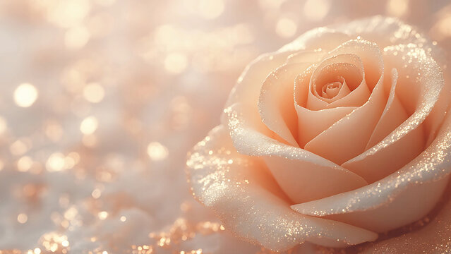 Close up of a delicate peach rose adorned with glistening water droplets, set against a soft, bokeh background.  Evokes feelings of romance, beauty, and purity.