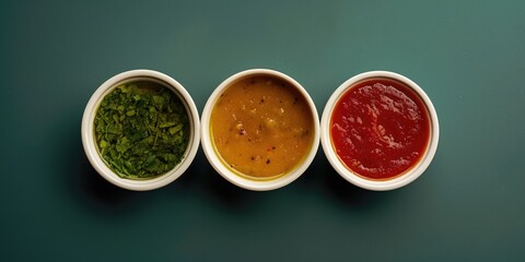 Three small bowls of hot sauce, lime juice, and spices.