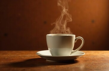 A steaming cup of coffee sits on a saucer on a wooden table