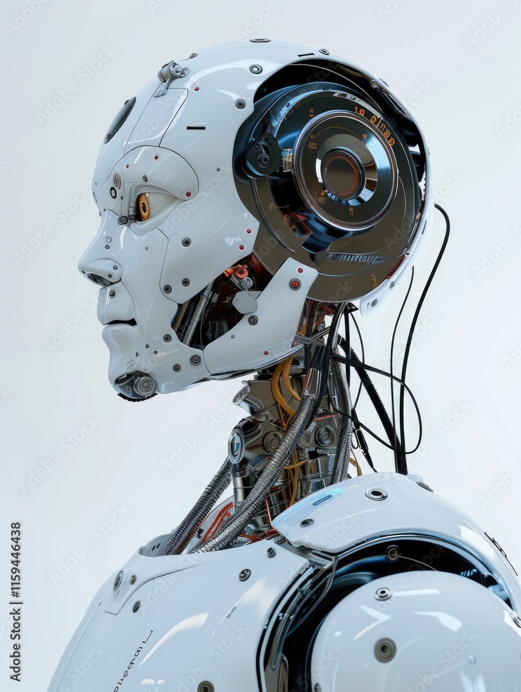 Poster a robot head with a human-like appearance, showcasing advanced technology and design for application