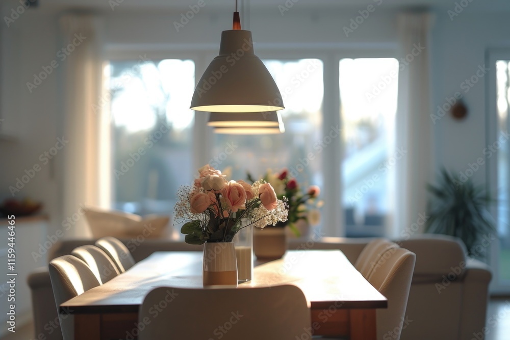 Poster table with a vase of flowers and a lamp above it. the table is surrounded by chairs and a couch. the