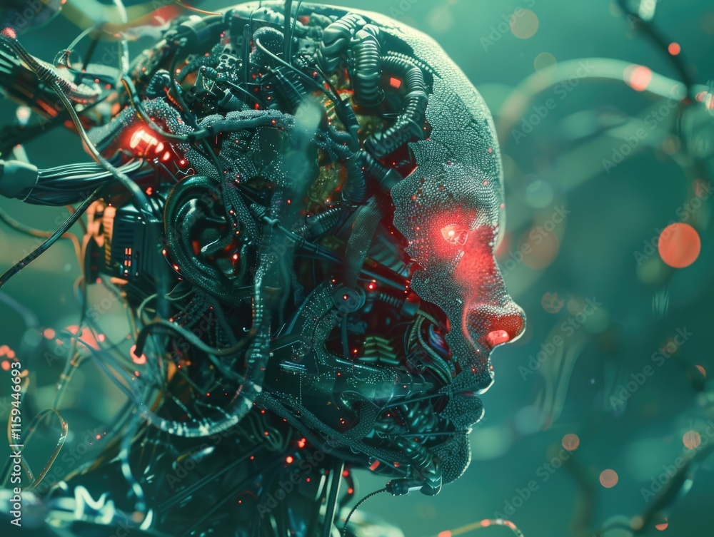 Poster futuristic robot head with glowing eyes, symbolizing advanced artificial intelligence and cybernetic