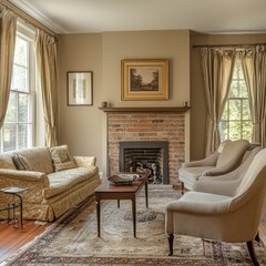 Elegant Living Room with Brick Fireplace and Antique Decor